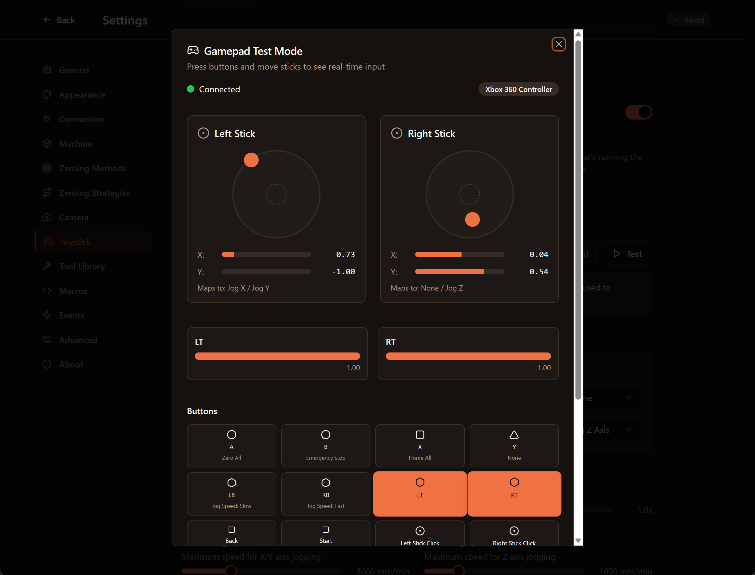Smooth analog jogging with USB gamepads or web-based joystick controls
